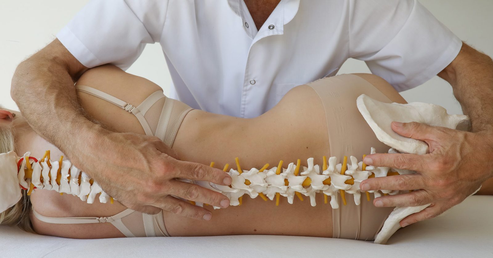 Osteopato rankos ant pacientės nugaros, šalia – stuburo modelis